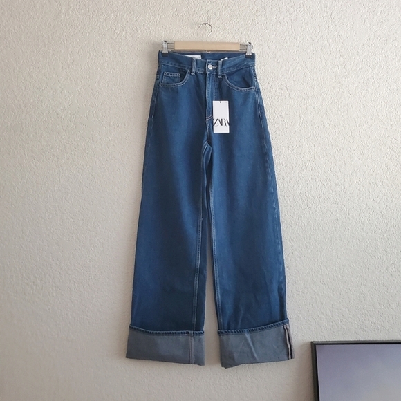 Zara WIDE LEG HIGH WAIST TURNED UP JEANS Blue - Picture 16 of 16